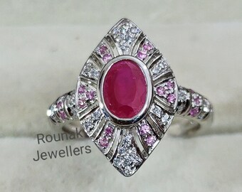 Art Deco Natural Ruby Ring: Sterling Silver Halo Ring