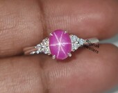 Vintage Pink Star Sapphire Ring, Oval Pink Star Ring, 925