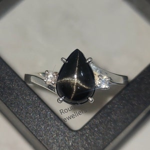 Natural Black Star Ring, Statement Ring, CZ Ring, 925 Sterling Silver, Oval Black Star Ring, Anniversary Ring, Dainty Ring, Gift for Her.