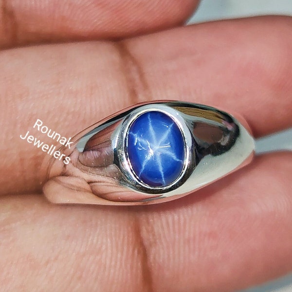 Vintage Style Silver Ring, Lab Blue Star Sapphire Ring, Solid 925 Sterling Silver, Blue Star Sapphire Ring, Stackable Ring, Gift for All.