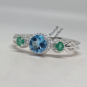Art Deco Blue Topaz Ring, Engagement Rings, Blue Topaz Ring, 925 Sterling Silver, Emerald Ring, Anniversary Ring, Women Gift Jewelry.