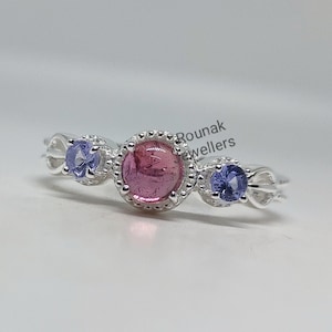 Pink Turmalin Ring: Silber Halo Ring mit Tansanit