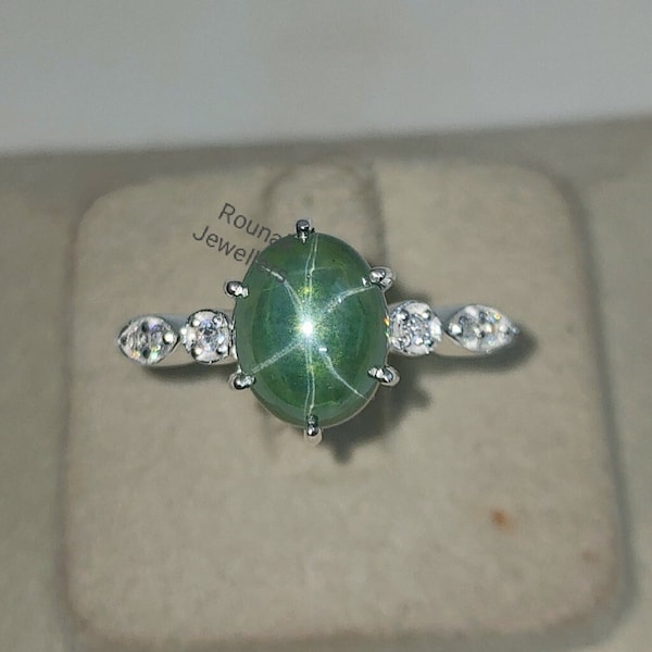 Vintage Green Star Sapphire Ring, Engagement Ring, 925 Silver Jewelry, Star Sapphire Birthstone Ring, Stackable Ring, Women Promise Ring.