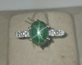 Bague saphir étoilé vert vintage, bague de fiançailles, bijoux en argent 925, bague saphir étoilé, pierre de naissance, bague superposable, bague de promesse pour femme.