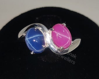 Blue Pink Star Sapphire Ring, 925 Sterling Silver (6x8 Mm)