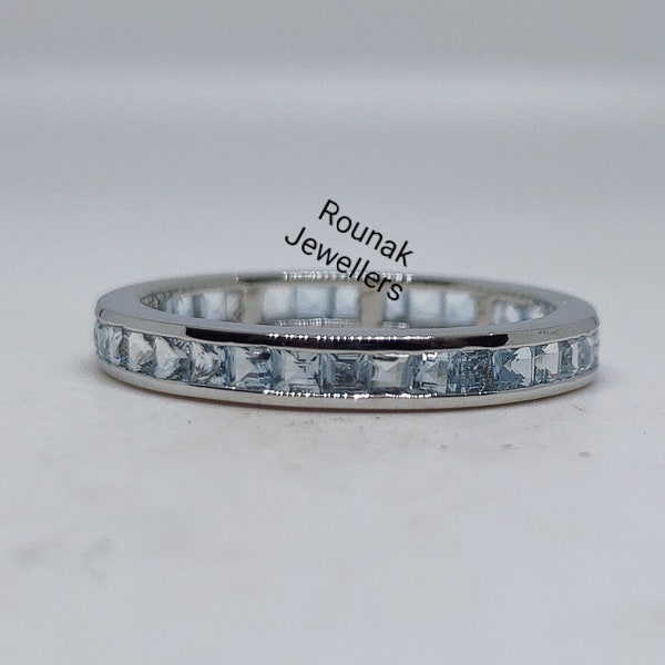 Aquamarine Band Ring, Engagement Ring, 925 Sterling Silver, 3.33 mm Full Eternity Band Ring, Princess Aquamarine Band, Christmas Gift