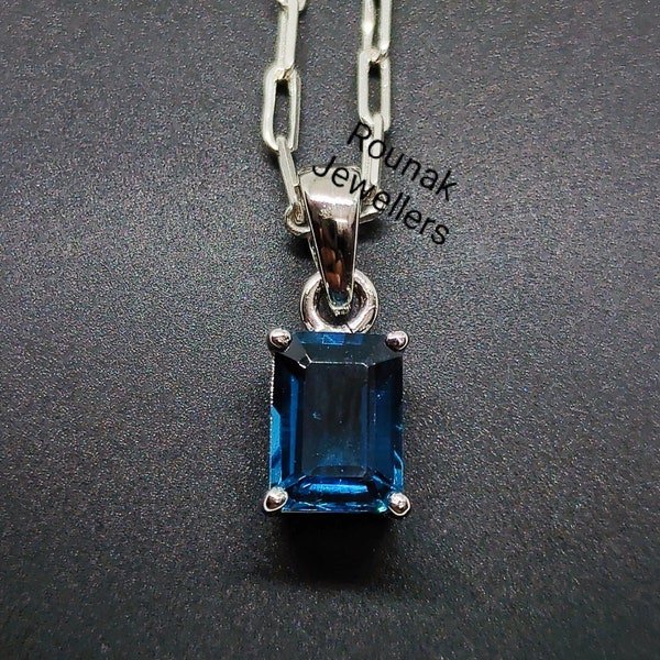 London Blue Topaz Pendant, Natural Topaz Pendent, 925 Sterling Silver, Handmade Pendent, Birthday Gift, Emerald cut Pendent, Gift for Her.