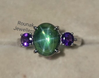 Green Star Sapphire Ring, Engagement Ring, 925 Silver Jewelry, Green Star Gemstone Ring, Amethyst Ring, Stackable Ring, Women Promise Ring.