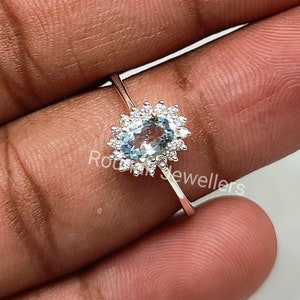 Genuine Aquamarine Ring, Art Deco Jewelry, 925 Sterling Silver, CZ Ring, Minimalist Ring, Engagement Ring, Promise Ring, Ring for Women Gift