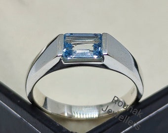 Emerald Cut Aquamarine Ring: Minimalist Sterling Silver March Birthstone