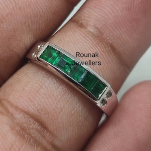 Princess cut Emerald Band Ring, Natural Emerald 4.75mm Band, 925 Silver Jewelry, Stackable Ring, May Birthstone Ring, Women Jewelry Gift.