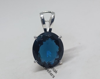 Véritable pendentif topaze bleue de Londres, pendentif topaze avec pierre de naissance, pendentif topaze de Londres, argent sterling 925, pendentif topaze ovale, cadeau d'anniversaire.