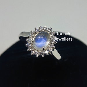 Natural Rainbow Moonstone Cluster Ring, Sterling Silver Ring, Moonstone & Cubic Zirconia Ring, Wedding Ring, Anniversary Ring.