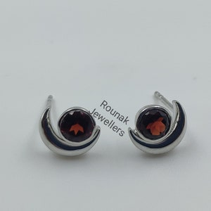 Garnet Moon Earrings, Moon Handmade Studs, 925 Sterling Silver, Garnet Studs, Minimalist Studs, Bridesmaid Gifts, New Year Gift Earrings