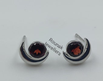 Garnet Moon Stud Earrings: 925 Sterling Silver, Handmade