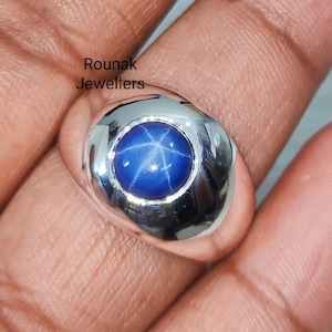 Blue Star Sapphire Ring, Stackable Ring, 925 Silver Ring, Round Lindy Blue Star Ring, Bezel Setting Ring, Handmade Silver Jewelry Gifts.