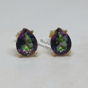 Clous d'oreilles topaze mystique taille poire, clous plaqués or délicats, clous en argent 925, clous minimalistes, boucles d'oreilles topaze mystique, cadeaux de demoiselle d'honneur