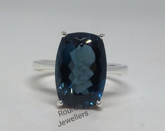9.70ct London Blue Topaz Ring: 925 Sterling Silver Cushion Solitaire