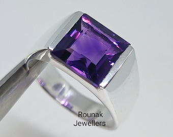 Sterling Silver Amethyst Men's Ring: Handmade Solitaire Jewelry