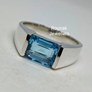 Natural Swiss Blue Topaz Ring, Minimalist Ring, Solitaire Ring, 925 Sterling Silver, December Birthstone, Emerald cut Gemstone, Gift for All