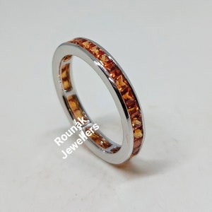 Natural Orange Sapphire Band Ring, Stackable Band, Solid 14k White Gold Ring, Full Eternity Band Ring, Wedding Band, Birthday Gift for Her.