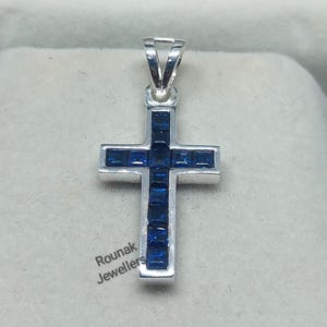Blue Sapphire Cross Pendant: 925 Sterling Silver Birthstone Necklace