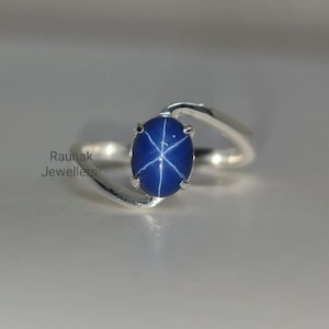 Vintage Star Blue Sapphire Ring, Minimalist Ring, 925 Sterling Silver Dainty Ring, Lab Star Sapphire Ring, Stackable Ring, Women Gifts Her.