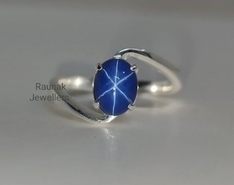 Vintage Star Blue Sapphire Ring, Minimalist Ring, 925 Sterling Silver Dainty Ring, Lab Star Sapphire Ring, Stackable Ring, Women Gifts Her.