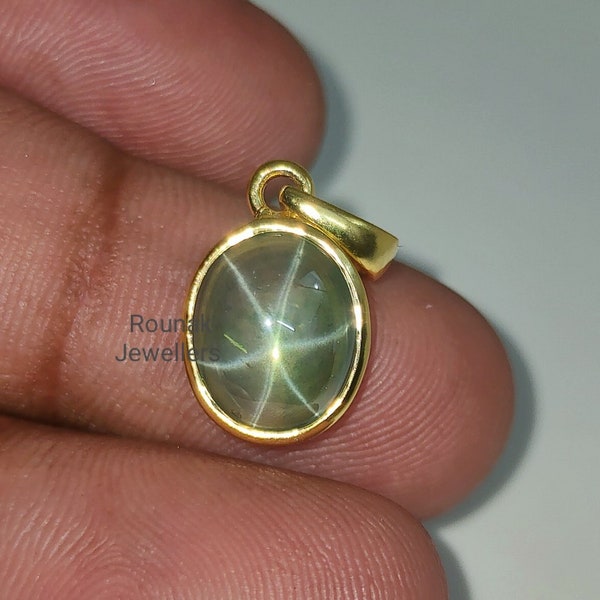 Green Star Sapphire Pendant, Green Star Sapphire Pendant, 925 Sterling Silver, Star Gemstone Gold Pendant, Women Birthstone Gift Jewelry.