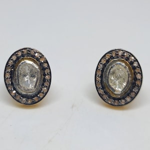 Polki Diamond Stud Earring, Oval Stud, Pave Diamond Earring, Victorian Jewelry, 925 Sterling Silver, Gold Plated Earring, Gift for Women.