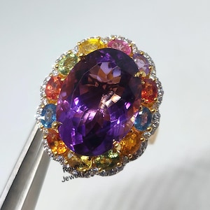 Art Deco Amethyst Multi Sapphire Ring, Natural Gemstone Ring, Yellow Gold Plated Ring, Statement Ring, Woman Gift Jewelry, Gift For Her.