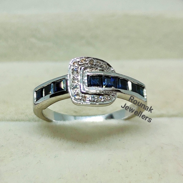 Vintage Blauer Saphir und Diamant Ring für Mädchen, Gürtelschnalle Ring, 925 Sterling Silber Ring, Versprechen Ring, Silber Schnalle Ring,