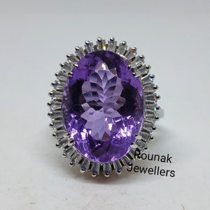 Amethyst Ring, Engagement Ring, Cubic Zirconia Ring, Art Deco Ring, 11.25Ct Oval cut Amethyst, Solitaire Ring, Woman&#39;s Halo Ring, Gift Her.
