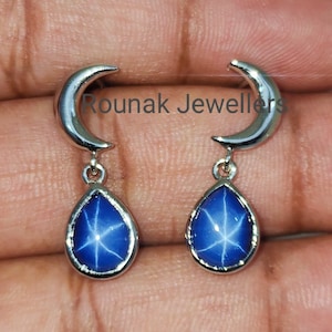 Pear cut Blue Star Sapphire Earring, Moon Earring, Dainty Earring, 925 Sterling Silver, Lindy Star Earring, Minimalist Earring, Gift for Mom