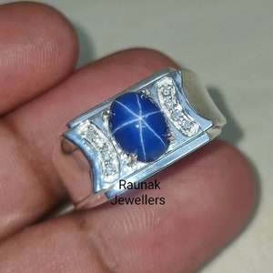 Vintage Blue Star Sapphire Men&#39;s Ring, Solitaire Ring, Solid 925 Silver Jewelry, Star Gemstone Ring, Stackable Ring, Gift for Her Him.