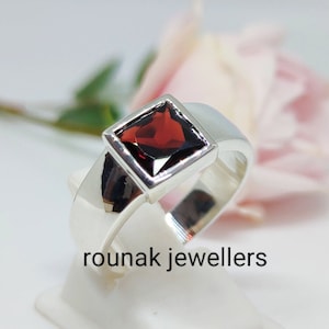 Handmade Square Garnet Sterling Silver Ring - January Birthstone