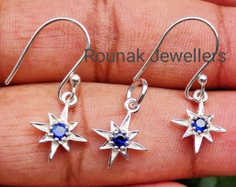 Genuine Blue Sapphire Earring Pendant Set, Star Cartilage Earring Set, 925 Sterling Silver, Star Necklace and Star Earring, Bridal Gift.