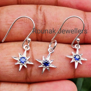 Genuine Blue Sapphire Earring Pendant Set, Star Cartilage Earring Set, 925 Sterling Silver, Star Necklace and Star Earring, Bridal Gift.