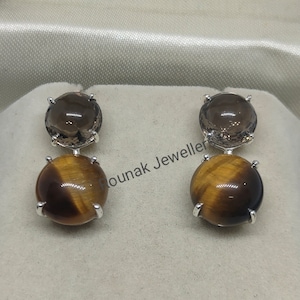 Round Smoky Quartz & Tiger Eye Earrings, Natural Two Gemstone Earrings, 925 Silver Earrings, Minimalist Stud Earrings, Women Gift Jewelry.
