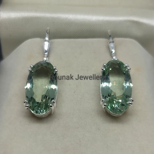 14.20ct Green Amethyst Earrings, Oval Earrings, 925 Silver Earrings, Natural Prasiolite Earrings, Minimalist Jewelry, Bridesmaid Gifts.