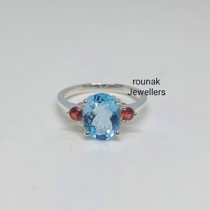 Vintage Blue Topaz Ring,925 Sterling Silver Ring, 3 Stone Cluster Ring, Blue Topaz Orange Sapphire Engagement Ring, Wedding Gift Ring.