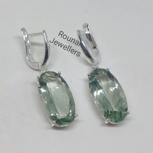 Pendientes de amatista verde natural, pendientes ovalados hechos a mano, pendientes de plata 925, pendientes de prasiolita, joyería minimalista, regalos de dama de honor.