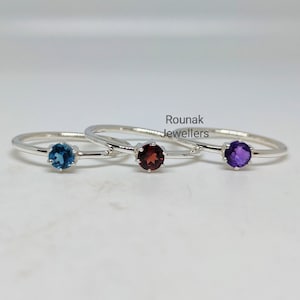 Natural  Gemstone Ring, Blue Topaz Ring, Garnet Ring, Amethyst Ring, Handmade Silver Ring, Simple Small Ring, Stacking Ring, Birthday Gift.