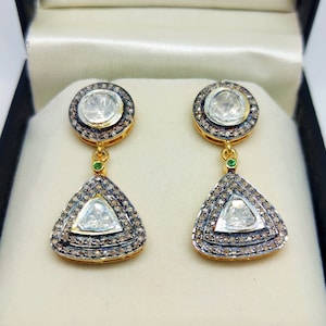 Polki Diamond Emerald Victorian Earring, 925 Sterling Silver Polki Earring, Antique Earring, Victorian Style, Wedding Gift Earring.