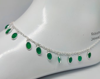 Tobillera de plata esterlina con esmeralda: delicada cadena de tobillo con gema verde