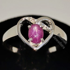 Natural Star Ruby Ring: 925 Silver Heart Ring with CZ