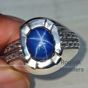 Blue Star Sapphire Men&#39;s Ring, Solitaire Ring, 925 Silver Jewelry, Stackable Ring, Lindy Star Sapphire Ring, Birthstone Ring, Gift for Her.