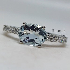 Genuine Aquamarine Ring, March Birthstone Ring, Minimalist Ring, 925 Sterling Silver, Handmade Rings, Gift For Her, CZ Diamond Rings.