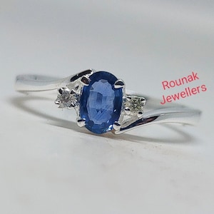 Blue Sapphire Ring: Minimalist Sterling Silver Ring with Natural Diamond