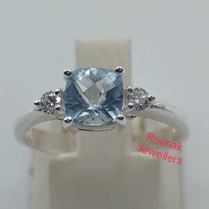 Cushion Aquamarine Ring, Minimalist Ring, 925 Silver Ring, March Birthstone, Natural Aquamarine Ring, Moissanite Ring, Mother&#39;s day Gift.